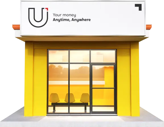 U Store exterior alongside a screenshot showing a successful cash-in of the U Visa Prepaid Card via the U Mobile app.