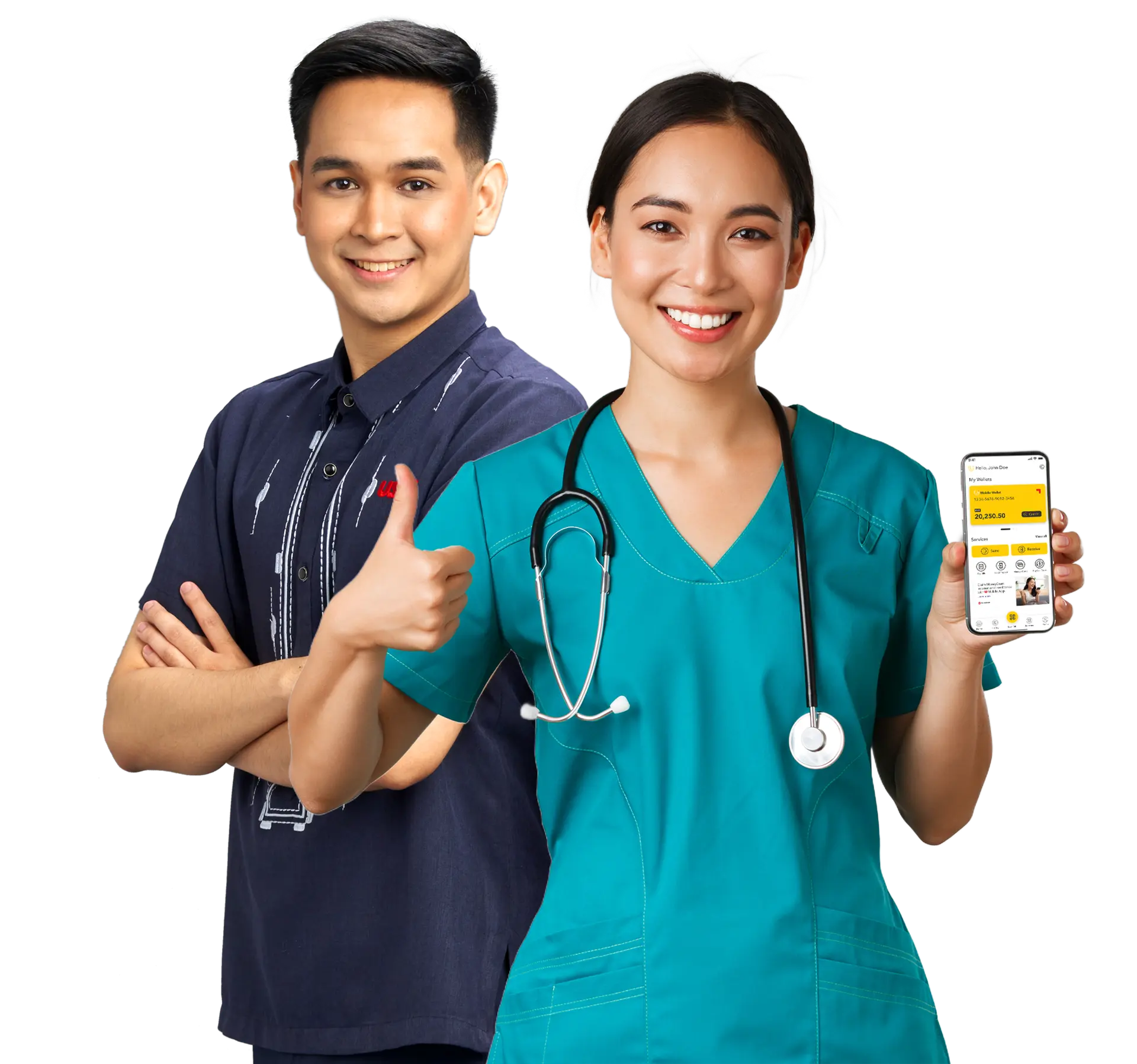 A male teacher and a female nurse confidently posing, with the latter holding up a cellphone with the homepage of the U Mobile App displayed on it while making an OK sign on her other hand