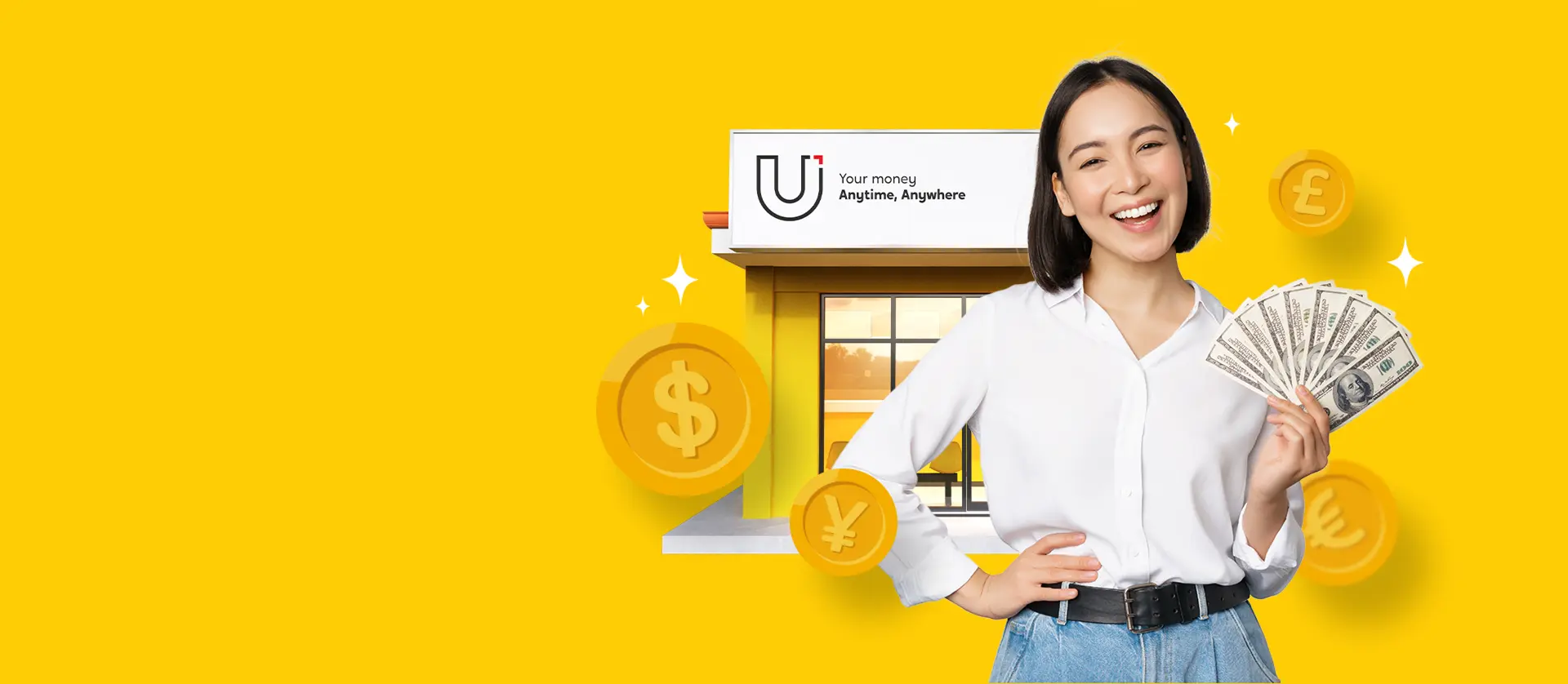 A young woman holding plenty of dollars on her left hand while a U Store is visible behind her.