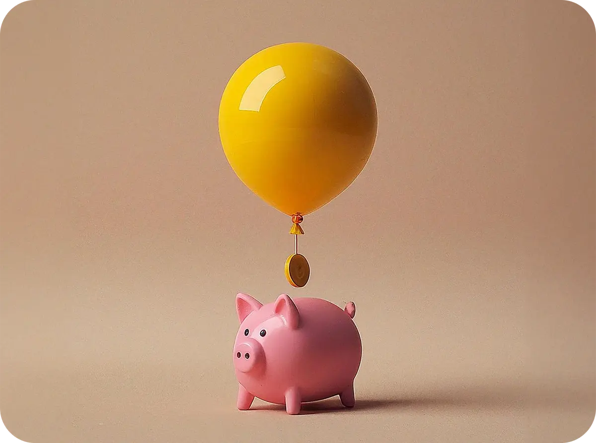 Image of a piggy bank and a coin, above it, tied to a balloon.